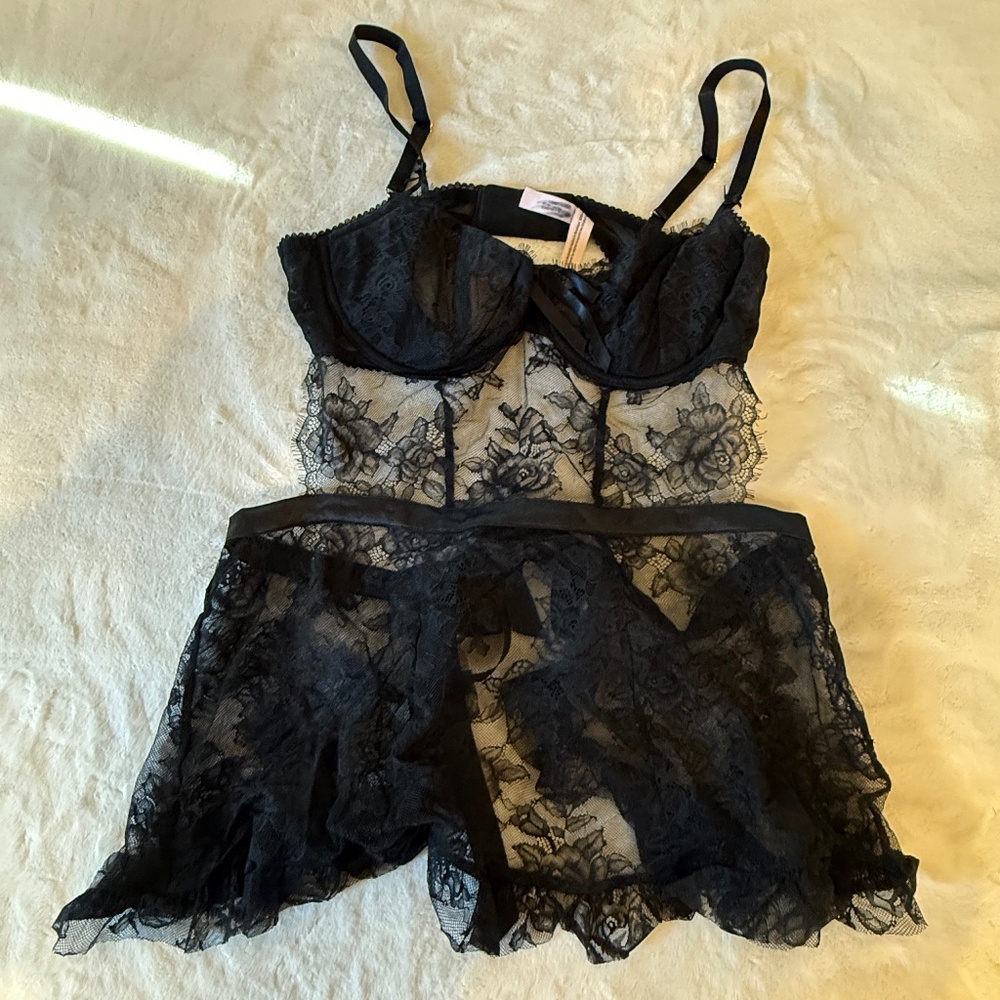 New! Victoria's Secret Very Sexy Wicked Unlined Rose Lace Babydoll 45896 - Picture 6 of 14